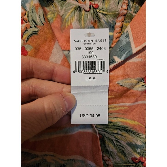 NWT American Eagle Tie Front Shirt S Pink Tropical Aloha Print Vacation Resort - Picture 5 of 7